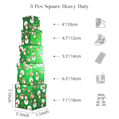 PAPER FAIR 5PCS Christmas Snowman Nesting Gift Boxes Set, Green Foil Mirror Candy Cane Lollipop Square Cardboard Nested Box w/Lid, for Gift Wrapping Holiday Present Birthday, Assorted Size - Image 3