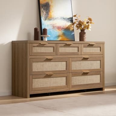 SICOTAS 7 Drawer Dresser for Bedroom, 57" Wide Rattan Dressers, Large Chest of Drawers for Bedroom, Dresser TV Stand, Boho Closet Organizer (Reclaimed Caramel Oak, 7 Drawers (1 pc)) - Image 2