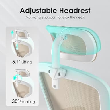 Farini Ergonomic Office Chair, Home Office Desk Chair with Headrest, High Back Computer Chair with Armrests and Adjustable Lumbar Support for Home Office Study Room, White & Khaki - Image 4