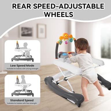Baby Walker, 5 in 1 Baby Walkers for Boys Girls 6-12 Months, Foldable Walkers for Babies with Bouncer & Feeding Tray, Music, Adjustable Heights, Activity Walker for Infant - Image 7