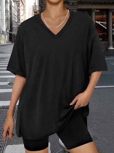Trendy Queen Oversized Tshirts for Women Workout Plus Size Tops V Neck Short Sleeve Tunic Side Slit Outing T Shirts 2025 Spring Summer Casual Clothes Loose Fit Basic Tees Beach Vacation Black XL - Image 6