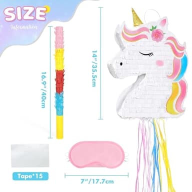 WERNNSAI Foldable Unicorn Piñata - Pull String Unicorn Birthday Party Supplies Extendable Unicorn with Blindfold Bat and Tassels Unicorn Birthday Party Decoration Games Folding Piñatas for Kids - Image 3