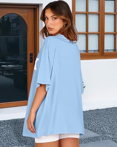 Womens Oversized Tshirt Graphic Tees Crew Neck Summer Short Sleeve Loose Fit Tops(Blue Letters, L) - Image 5