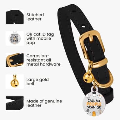 BRONZEDOG Leather Cat Collar with Removable Bells Non Breakaway Kitten QR Tag for Girl Boy (9" - 12" Cats/Mini Dogs, Black & Gold) - Image 2