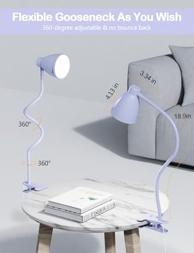 BOHON Desk Lamp with Clamp, 10W 38 LED Clip on Light, 5 Color 10 Brightness Auto Off Timer, Flexible Gooseneck Clip Lamp, Desk Lights for Office Home Bed Bedside Reading, Lilac Purple - Image 5