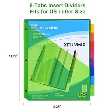 8-Tab Binder Dividers - Index Pockets Divider for 3 Ring Binders, 3-Hole Plastics Sheets Protectors for US Letter Size in 0.5'', 1'', 2'', 3 inch Binders, 8 Colors (XY004) (1 Pack) - Image 2