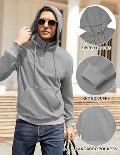 3rd hill Men's Quarter Zip Pullover Hoodies Long Sleeve Weight 1/4 Half Zip Drawstring Hooded Sweatshirt Kangaroo Pocket Gray L - Image 4
