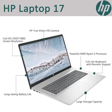 HP 17.3" Laptop, Full HD (1920 * 1080) Display, AMD Ryzen 5 Processor (Beats i7-11370H), 32GB RAM, 1TB SSD, Windows 11 Home, Webcam, Wi-Fi, Bluetooth, Natural Silver, Alpacatec Accessory - Image 3