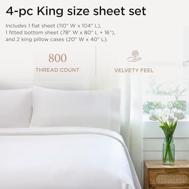 Threadmill Luxury 800 Thread Count King 100% Cotton Sheets - Hotel White Sateen Weave Bed-Sheets, Better Than Egyptian Cotton, 4 Pc Solid Soft Bed Set, Fits 16" Deep Pocket - Image 2