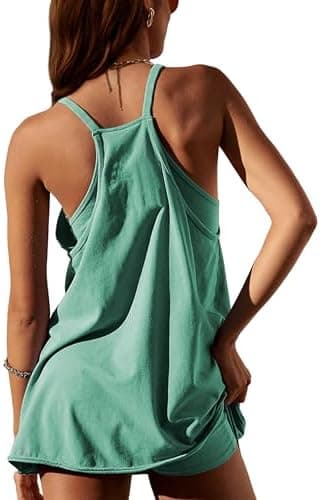 Lentta Womens Athletic Sleeveless Mini Dress with Built-in Shorts V Neck Spaghetti Strap Sundress(Green-M) - Image 4