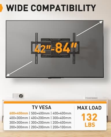 Perlegear Full Motion TV Wall Mount for Most 42–84 inch Flat Curved TVs up to 132 lbs, 12″/16″ Wood Studs, Bracket with Articulating Arms, Swivel, Tool-Free Tilt, Max VESA 600x400mm PGLF12 - Image 2