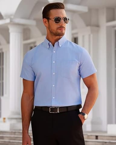 Alimens & Gentle Mens Short Sleeve Oxford Shirt Regular Fit Button Down Collar Shirts with Pocket Light Blue - Image 6