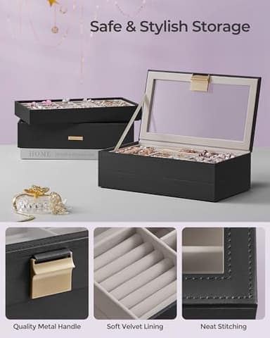 SONGMICS Stackable Jewelry Trays, 4-Tier Jewelry Box, Drawer Jewelry Organizer, with Glass Lid, Removable Dividers, for Vanity Table, 6.7 x 11 x 7.2 Inches, Gift Idea, Ink Black UJBC164B01 - Image 5
