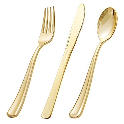bUCLA 600 Pieces Gold Plastic Silverware - Disposable Gold Utensils - Heavyweight Plastic Cutlery set- 200 Forks, 200 Spoons, 200 Knives for Party & Thanksgiving - Image 1