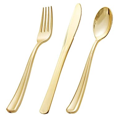 bUCLA 600 Pieces Gold Plastic Silverware - Disposable Gold Utensils - Heavyweight Plastic Cutlery set- 200 Forks, 200 Spoons, 200 Knives for Party & Thanksgiving - Image 1