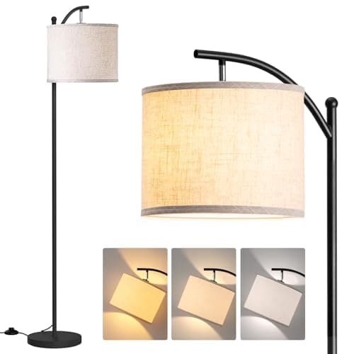 addlon Floor Lamp for Living Room with 3 Color Temperatures, Standing lamp with Linen lampshade for Bedroom, Office, Lamps with 9W LED Bulb Included - Black with Beige Lampshade - Image 1