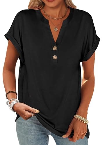 ANRABESS Womens Short Sleeve Henley Tops V Neck Dressy Casual Blouses Summer Trendy Tee Shirts 2025 Vacation Fashion Clothes Black XXL - Image 1