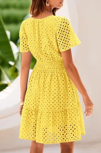PRETTYGARDEN Womens 2025 Summer Short Dress V Neck Short Sleeve A Line Hollow Out Lace Ruffle Cute Casual Beach Party Dresses (Yellow,Large) - Image 2