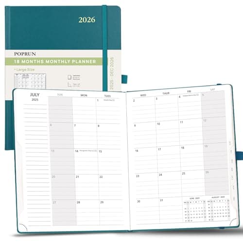 POPRUN 2025-2026 Monthly Planner (B5 8" X 10"), 18-Month Calendar Book (Jul.25 - Dec.26) with Monthly Tabs, Hardcover, Inner Pocket, 100GSM Thick Paper - Pacific Green - Image 1