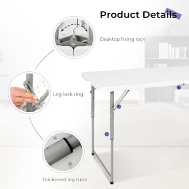 Byliable Folding Table 4 Foot Portable Heavy Duty Plastic Fold-in-Half Utility Table Small Indoor Outdoor Adjustable Height Folding with Carrying Handle, Camping and Party,White - Image 4