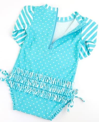 RuffleButts Baby Girls UPF 50+ Sun Protection Polka Dot Long Sleeve One Piece Rash Guard Swimsuit with Zipper - Bright Aqua Heart Polka, 0-3m - Image 5