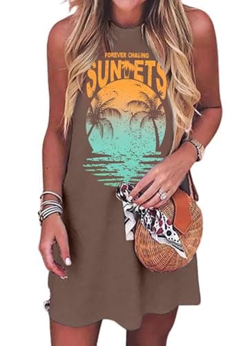 Summer Sundresses Dresses for Women 2025 Sunset Graphic Casual Beach Sun Dresses Vacation Cruise Outfits Dress Brown M - Image 1