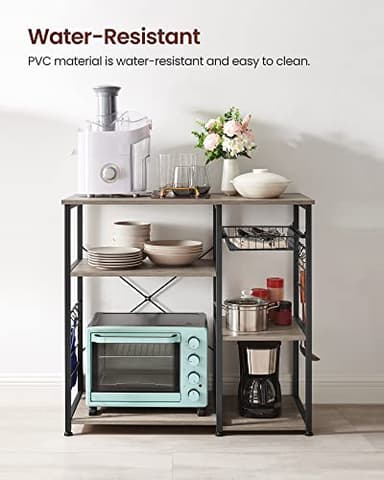VASAGLE ALINRU Kitchen Baker’s Rack, Coffee Bar, Microwave Oven Stand, with Steel Frame, Wire Basket, 6 Hooks, for Mini Oven, Spices Utensils, Industrial, Greige and Black UKKS090B02 - Image 5