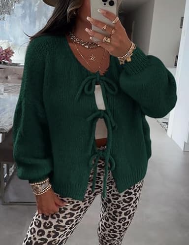 PRETTYGARDEN Women's Tie Front Bow Cardigan Sweaters Chunky Knit Long Puff Sleeve Trendy Fall Winter Jacket Coats (Dark Green,Medium) - Image 8