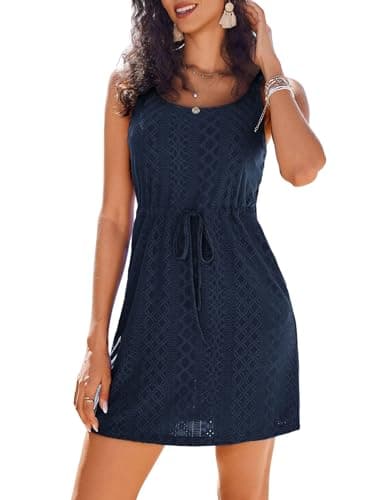 AI'MAGE Swimsuit Cover Up for Women Crochet Hollow Out Bathing Suit Coverups Sleeveless Beach Dress with Pockets Navy Blue, Small - Image 1