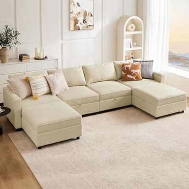 Sweetcrispy Convertible Sectional Sofa Couch, 6 Seat 6 Backs Sofa Set with Storage for Living Room, U-Shaped Modern Modular Sofa Sleeper with Reversible Chaise, Beige - Image 1