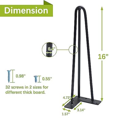 16" Hairpin Furniture Legs 4PCS, Heavy Duty Solid Steel 3 Rod Furniture Legs with 2 sizes Screws and 4pcs Floor Protectors for Nightstand, Cabinet, Bench Chair, Coffee Table, Desk, etc, Black - Image 2