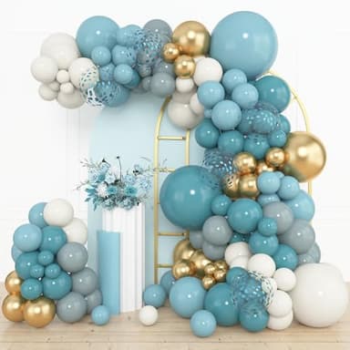 Amandir 153pcs Dusty Blue Balloon Garland Arch Kit, Different Sizes 18 12 10 5 inch Slate Fog Blue Ivory Latex Metallic Confetti Balloons for Boys Birthday Baby Shower Ocean Theme Party Decorations - Image 2