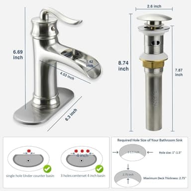 Yodel Faucet Single Handle Waterfall Bathroom Faucet for Sink 1 or 3 Hole with Drain Set,Brushed Nickel - Image 5