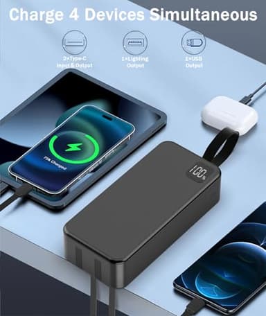 Portable Charger 30000mAh Power Bank -Portable Battery with 2 Built in Cables PD QC4.0 22.5W Fast Charging Battery Pack Phone Charger for iPhone 15 14 13 Samsung Galaxy iPad etc (1 Pack, Black) - Image 6