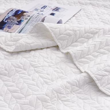 PHF Quilt Bedding Set Queen Size - Lightweight Summer Bedspread, 3PCS Soft Breathable Leaf Pattern Bedding Coverlet for All Season, Drop Nicely Quilt 90" x 96"with 2 Pillow Shams, Coconut White - Image 4