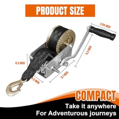 Jack Boss Hand Winch, 2000 lbs Pulling Capacity, Boat Trailer Winch Heavy Duty Rope Crank with 26.3 FT Polyester Strap, Manual Operated Hand Crank Winch for Trailer, Boat or ATV Towing - Image 2