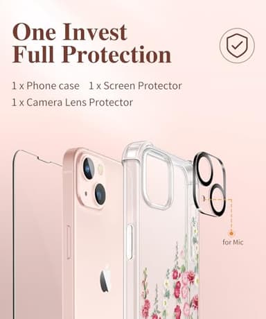 GVIEWIN Designed for iPhone 13 Case 6.1 Inch, with Tempered Glass Screen Protector + Camera Lens Protector Clear Flower Soft & Flexible Slim Shockproof Floral Women Phone Cover (Alcea/Red) - Image 7