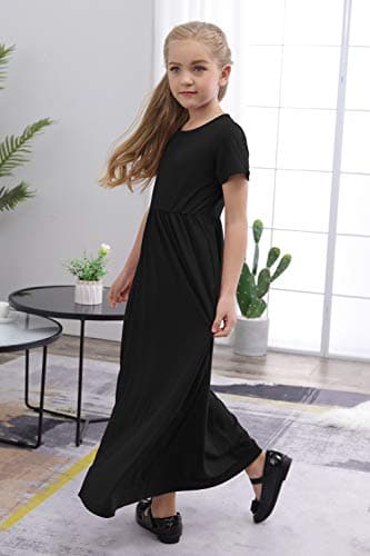 GORLYA Girl's Short Sleeve Floral Print Loose Casual Holiday Long Maxi Dress with Pockets (8Years/Height:130cm, Black Color) - Image 5