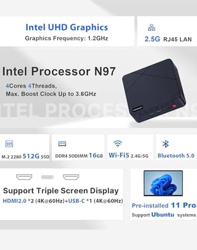 origimagic C1 Mini PC 11 Pro, Intel N97 Mini Desktop Computers (Beat N100/N95) 16GB RAM 512GB SSD Micro PC, HDMI 2.0, WiFi 5.2, BT 5.0, 2.5GbE LAN 4K Triple Display, Small PC for Business Home - Image 2