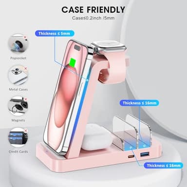 GAUOLN Wireless Charger for iPhone - 5 in 1 Charging Station for Multiple Devices Apple: Fast Wireless Charging Stand Dock for iPhone 16e 16 15 14 13 12 Pro Max Apple Watch (Pink) - Image 6