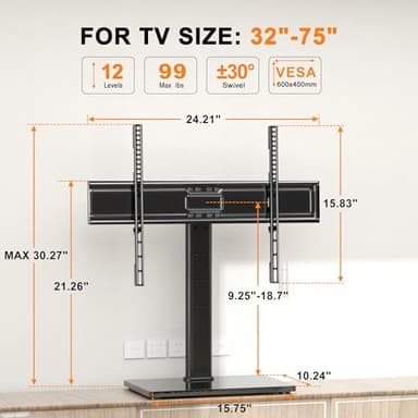 XINLEI Universal Swivel TV Stand Base Table Top TV Stand for 32-75 Inch TVs 60 Degree Swivel, 12 Height Adjustable Monitor Mount Stand, Max VESA 600x400mm,Holds up to 99lbs TS204 - Image 4
