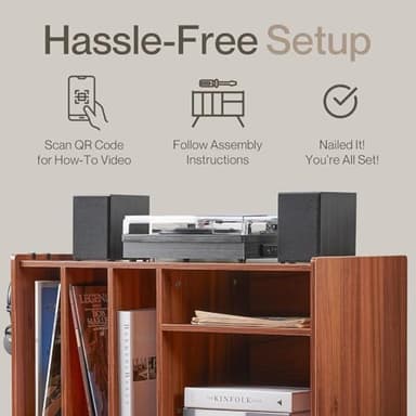 LOFT + IVY Record Player Stand with Vinyl Storage – Turntable Table with Shelves and Backboard – Walnut Wood Frame Vinyl Record Storage with Headphone Hook – Compact Audio Stand with Stabilizers - Image 6