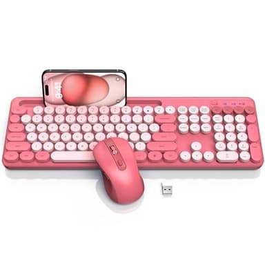 Wireless Keyboard and Mouse Combo, Retro Round Keycaps, Cute Full-Size Typewriter Keyboard with Phone Holder, Sleep Mode, Click Soft, 2.4GHz Cordless Connection for Windows/PC/Laptop (Pink-Colorful) - Image 9