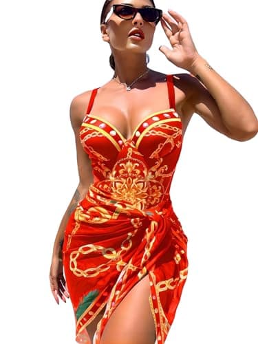 One Piece Women's Swimsuit with Beach Cover Up Wrap Skirt Set, Tummy Control, Sexy V Neck Reds - Image 2