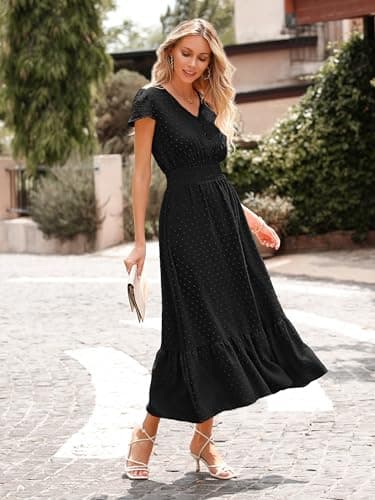 PRETTYGARDEN Womens 2025 Spring Swiss Dot Maxi Dress Short Sleeve V Neck Smocked Waist Ruffle Tiered Flowy Long Party Dresses(Black, XX-Large) - Image 5