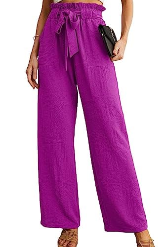 IWOLLENCE Women's Wide Leg Pants with Pockets High Waist Adjustable Knot Loose Casual Trousers Teacher Outfits Pants Dragon Fruit red X-Large - Image 1