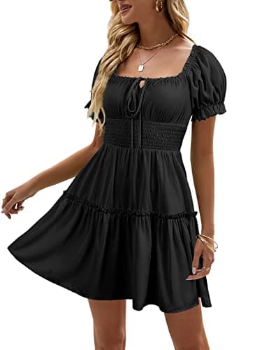 Heysolo Womens Square Neck Mini Dress Casual Short Sleeve Empire Waist Smocked Summer Babydoll Dresses - Image 1