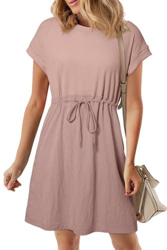 BLENCOT Womens Casual Summer Patchwork Short Sleeve Mini Dresses Crewneck Ruched Waist Drawstring Mini Street Dress P1310 X-Large with Pockets - Image 4