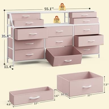 Romorgniz 55" W Pink Dresser for Bedroom with Deep Fabric Drawers, Long Chests of Drawers with 2 Open Wooden Shelves, Large Vanity Dressers for Entryway, Dorm, Sturdy Metal Frame, Wood Top - Image 2