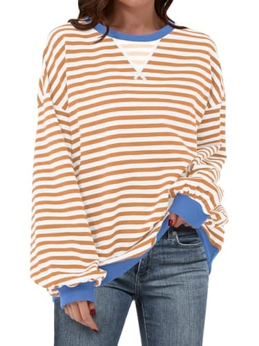 ANRABESS Women Striped Sweatshirts Oversized Crewneck Long Sleeve Shirts Y2K Pullover Top 2025 Fall Outfits Fashion Clothes Yellow White Large - Image 1